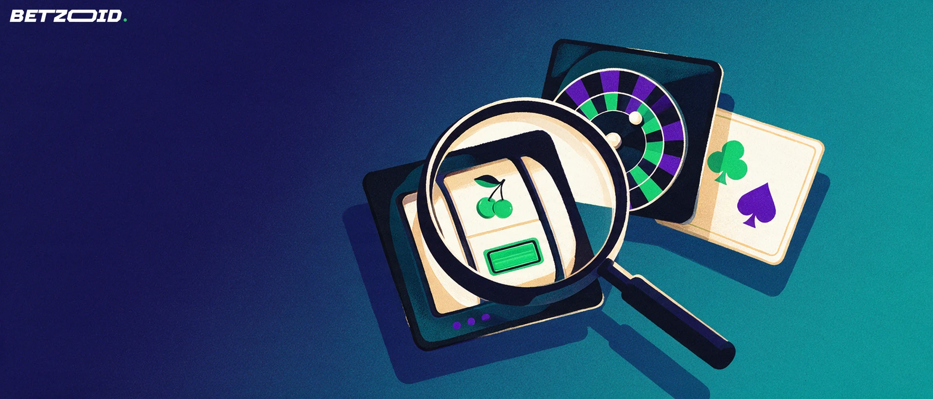 Ilustración de una lupa que amplía tres fichas de juegos de casino: un rodillo de tragaperras, una ruleta y un palo de cartas.