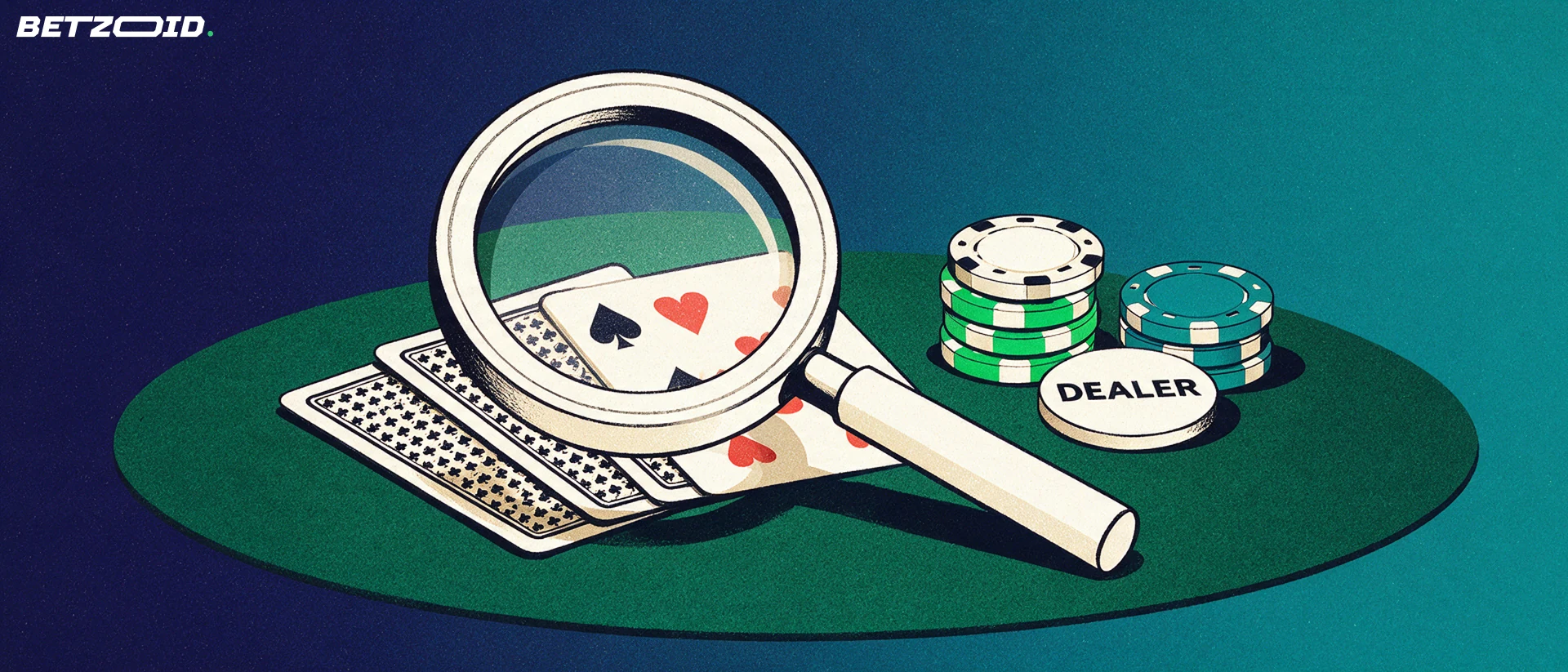Ilustración de una lupa grande sobre un abanico de cartas de póker y fichas apiladas en un tapete verde.