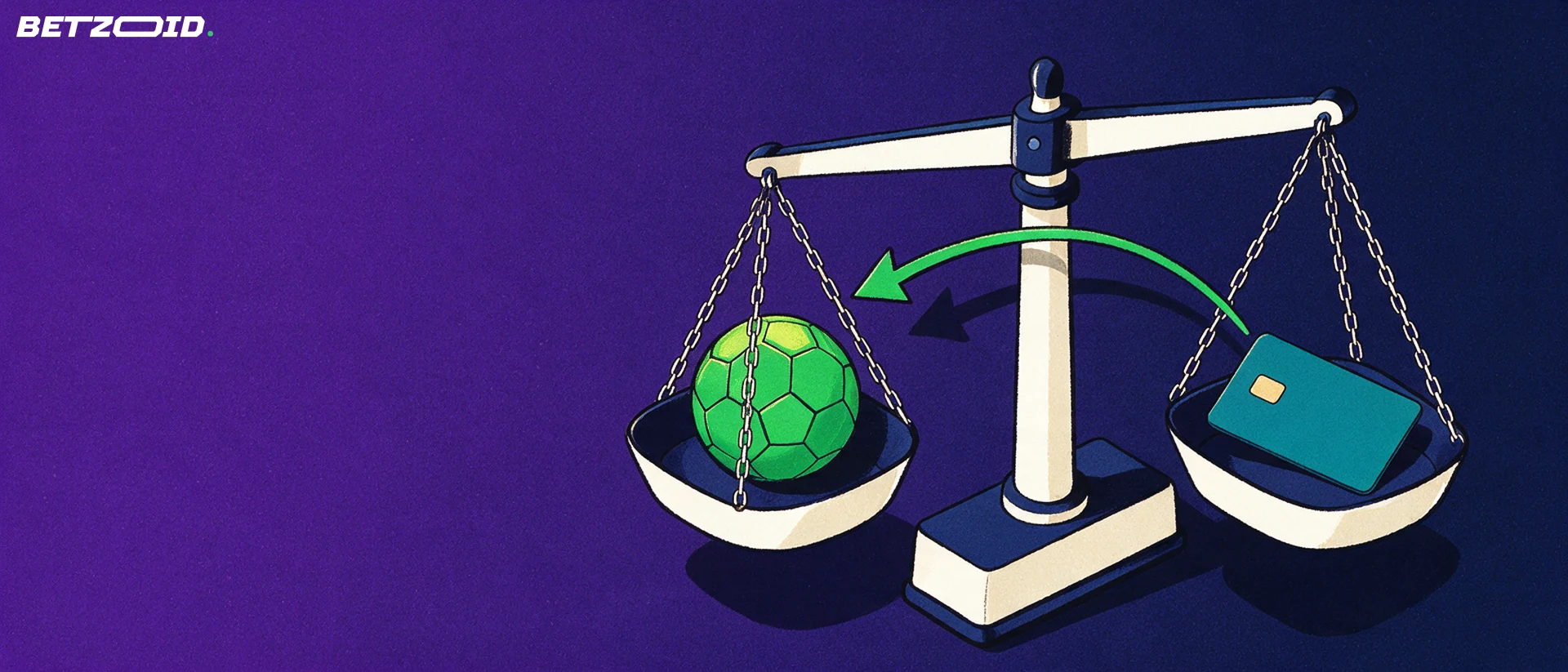 Ilustración de una balanza que compara un balón de fútbol con una tarjeta bancaria sencilla, unidos por una flecha verde, sobre fondo morado.