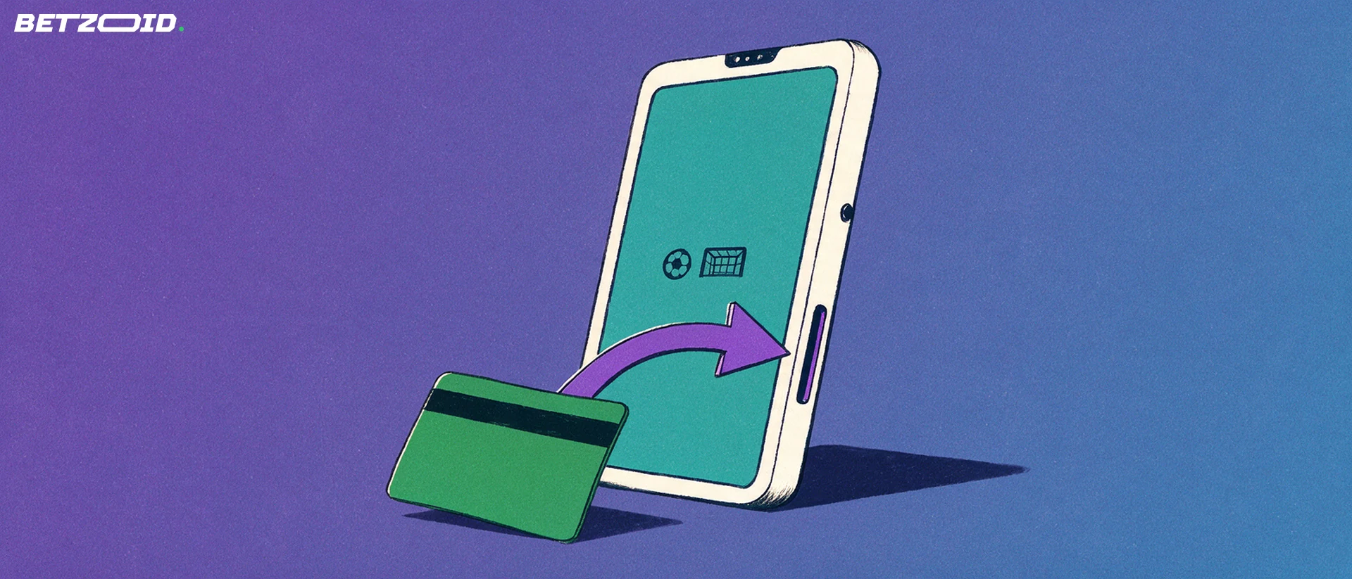 Ilustración de un teléfono móvil con iconos deportivos en pantalla, una tarjeta de pago sin marca y una flecha que indica un depósito.