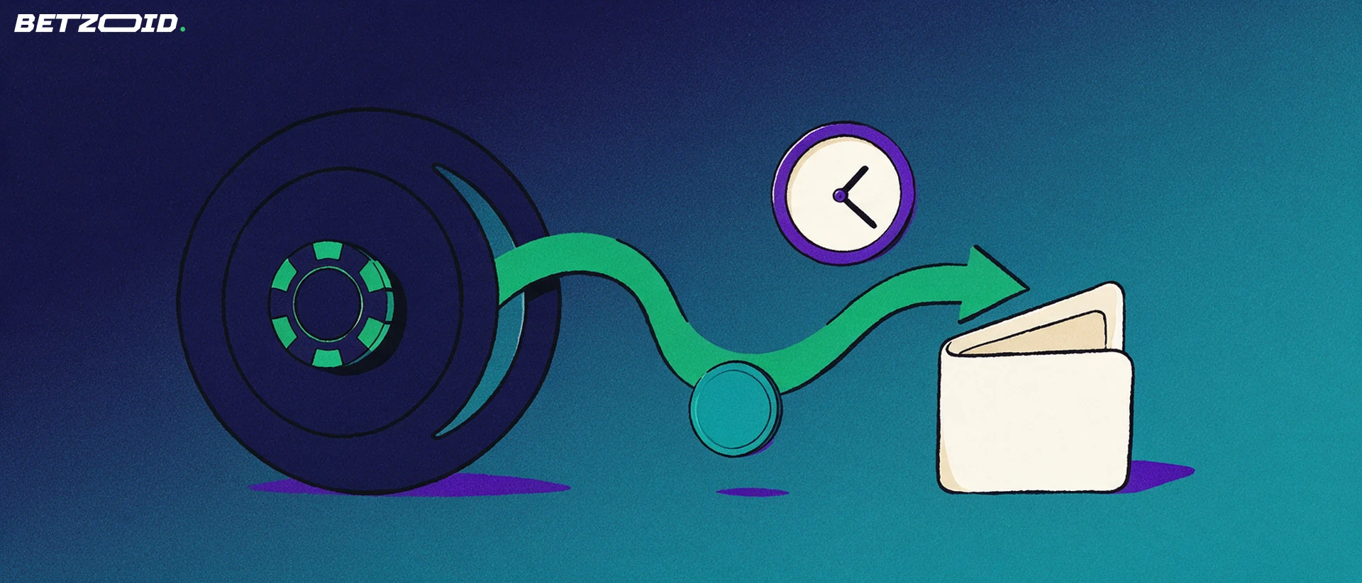 Ilustración de una puerta de caja fuerte con manilla en forma de ficha, una flecha verde que lleva una ficha a una cartera abierta y un reloj sencillo.