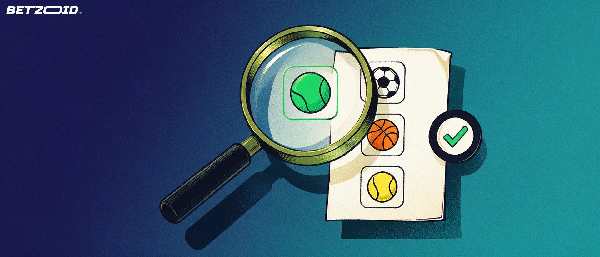 Ilustración de una lupa grande sobre un boletín de apuestas con iconos de fútbol, baloncesto y tenis, junto a un distintivo con una marca de verificación.