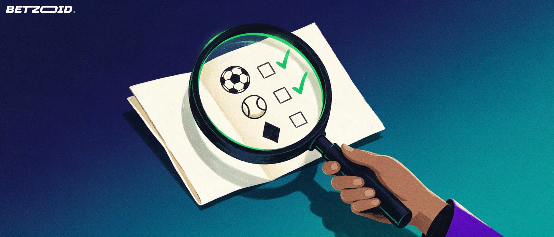 Ilustración de una lupa que amplía un boletín de apuestas con iconos de balón, pelota de tenis y naipe, junto a casillas marcadas.