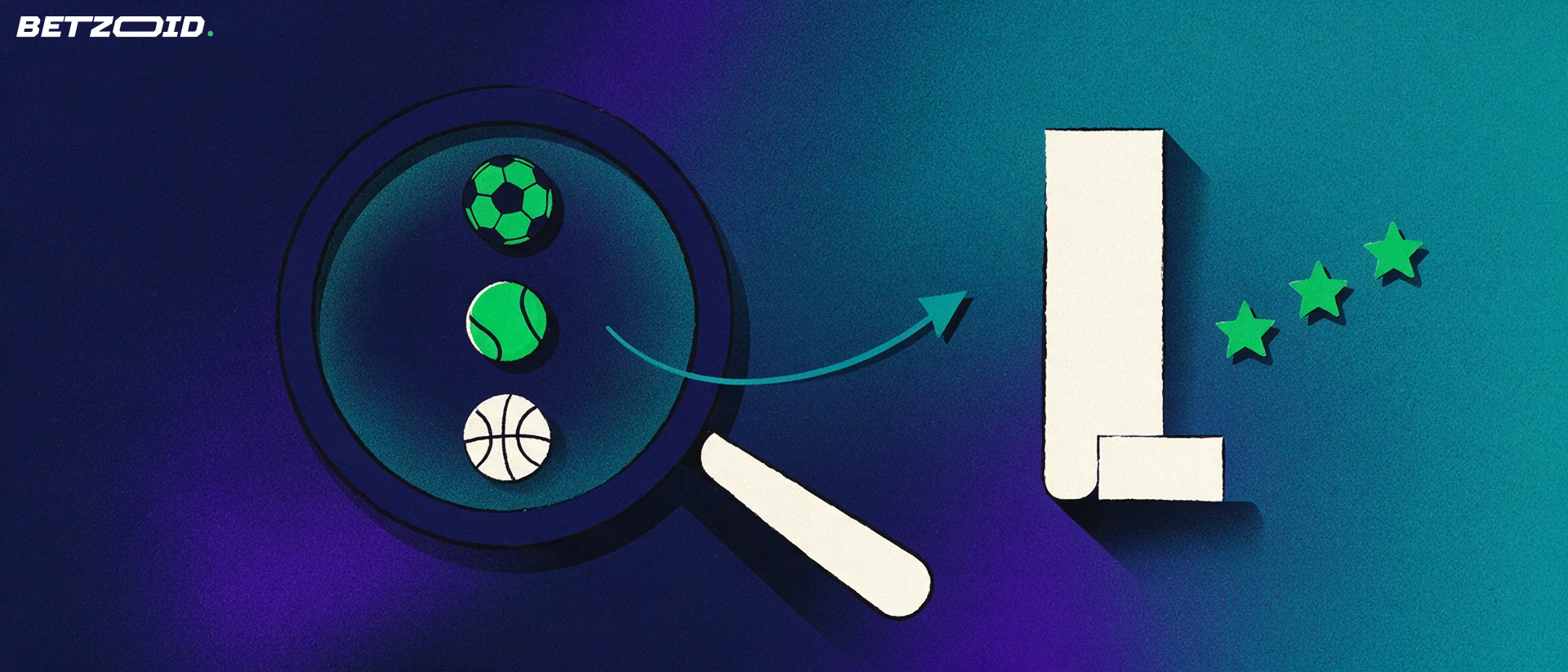 Ilustración de una lupa que amplía una hoja de apuestas con símbolos de fútbol, tenis y baloncesto, junto a tres estrellas de valoración.