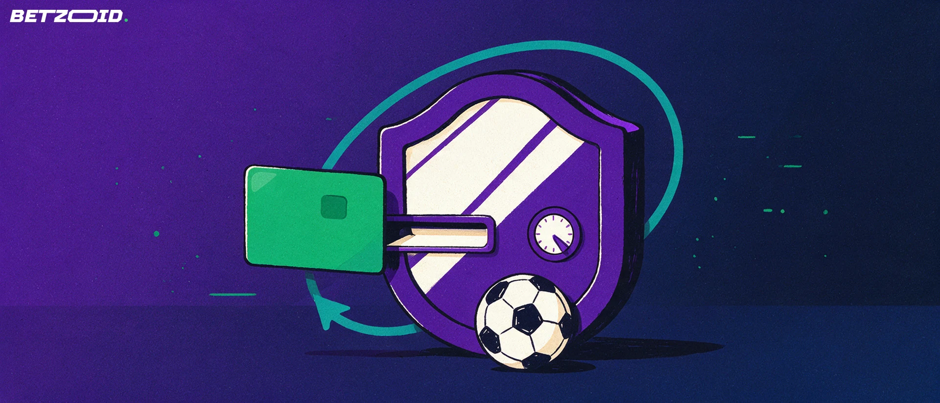 Ilustración de una caja fuerte con forma de escudo que recibe una tarjeta bancaria sencilla, con una flecha circular de ida y vuelta y un balón de fútbol a sus pies.