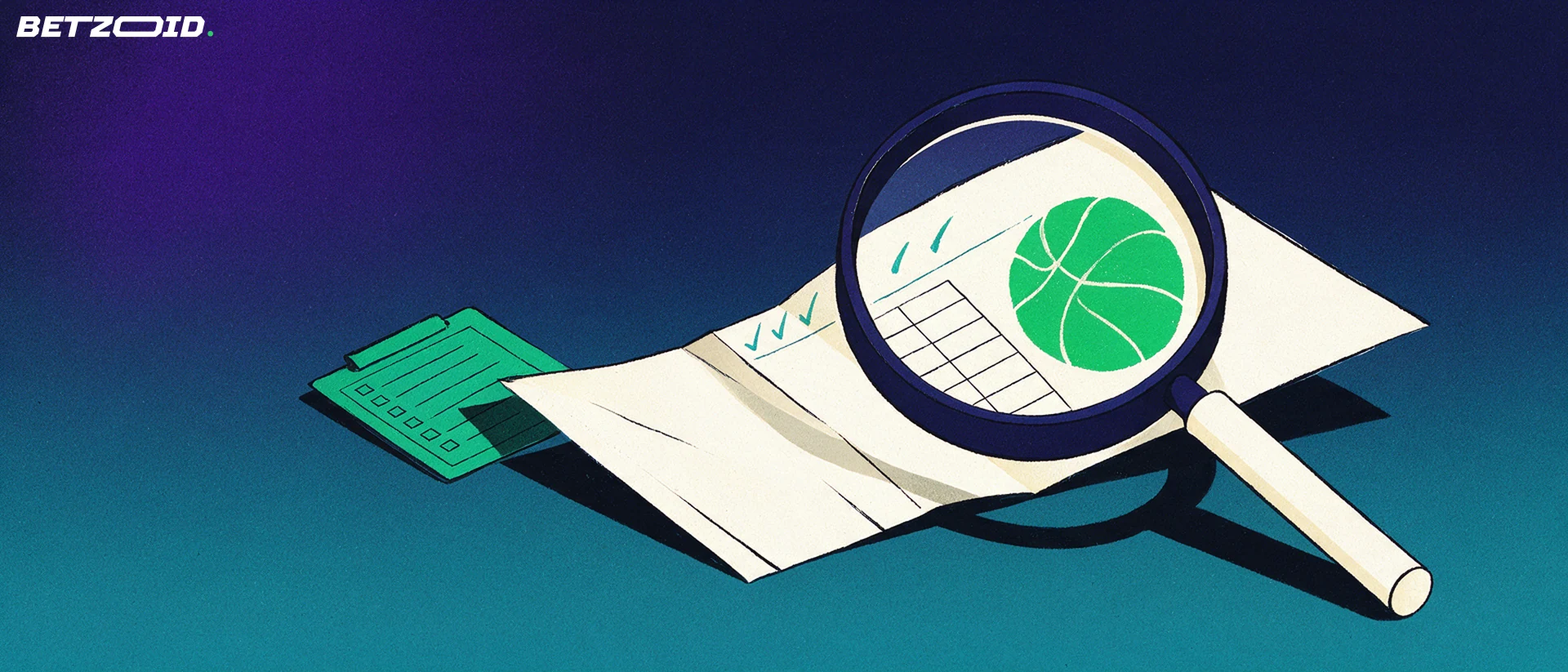Illustration of a magnifying glass enlarging a paper betting slip with tick marks and a ball symbol beside a small clipboard.
