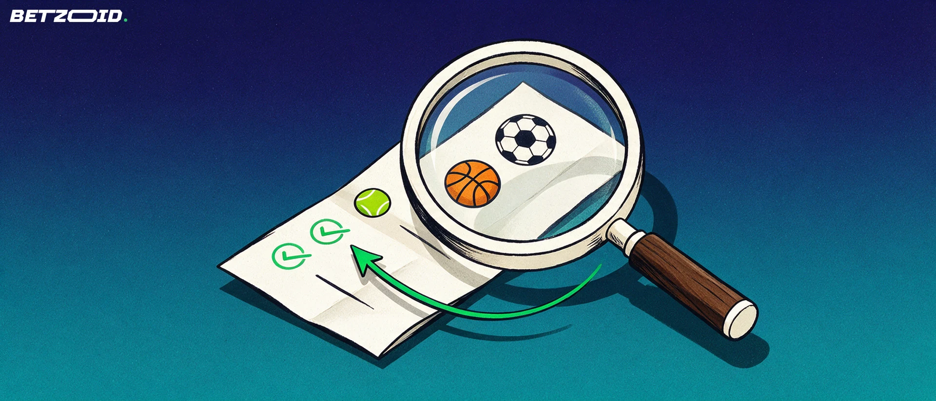 Ilustración de una lupa grande que amplía un boleto de apuestas con iconos de balones y marcas de verificación.