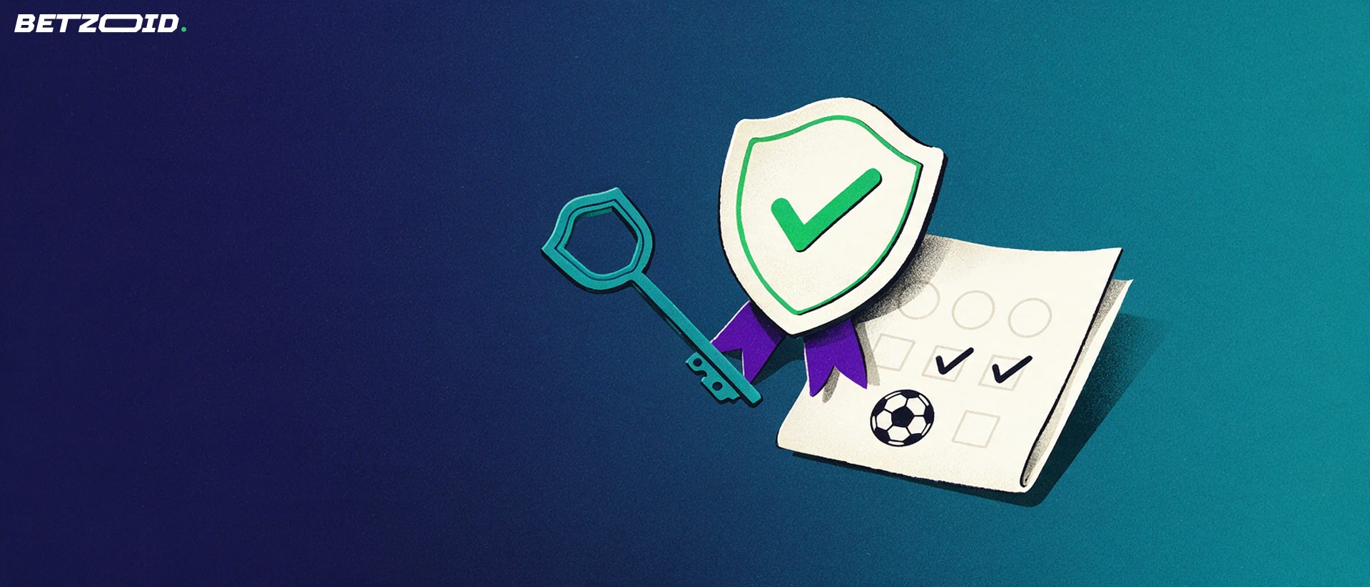 Ilustración de un escudo con marca de verificación sobre un boleto de apuestas deportivas doblado y una llave, símbolo de licencia y regulación.