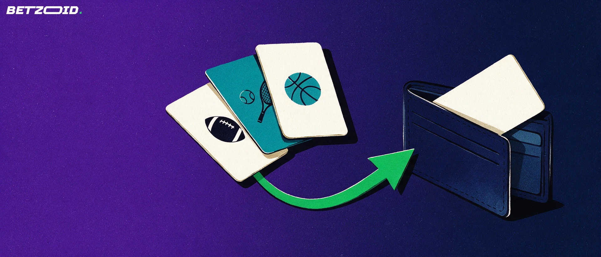 Ilustración de tres tarjetas con símbolos de fútbol, tenis y baloncesto conectadas por una flecha verde a una cartera abierta con una tarjeta bancaria.