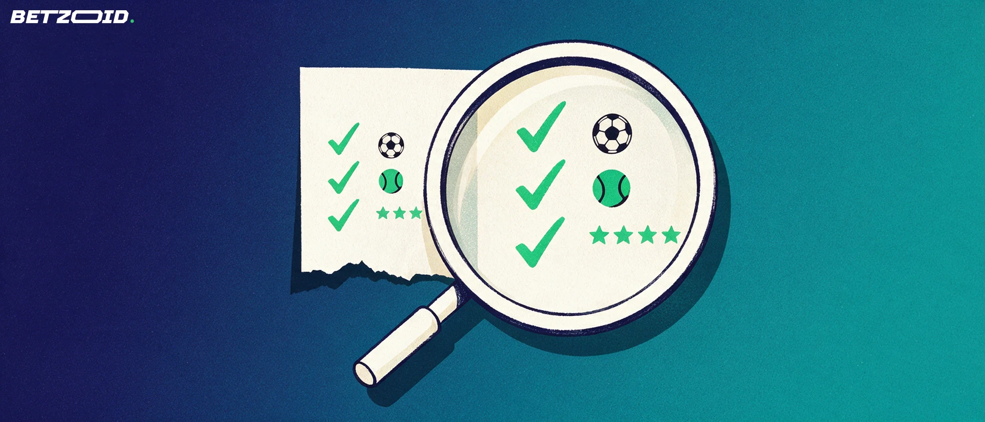 Ilustración de una lupa que amplía un boleto de apuestas con marcas de verificación, iconos de balón y pelota de tenis y una fila de estrellas de valoración.