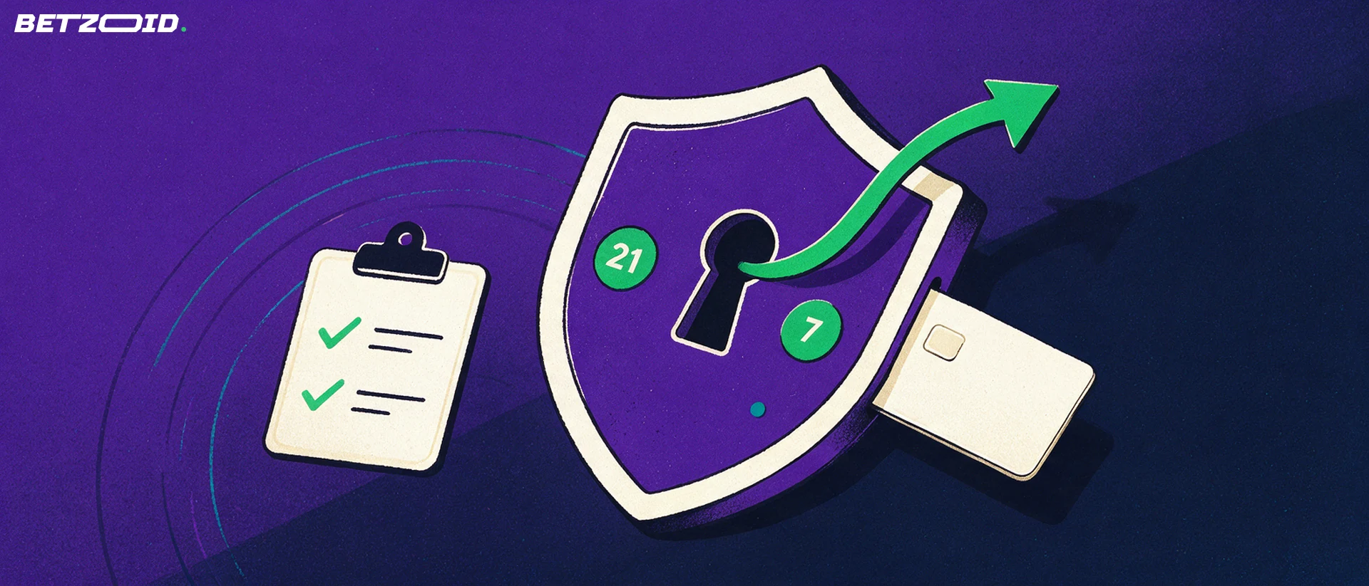 Ilustración de un escudo con cerradura, una tarjeta de pago sin marca entrando en una ranura, una flecha verde ascendente y un portapapeles con marcas de verificación.