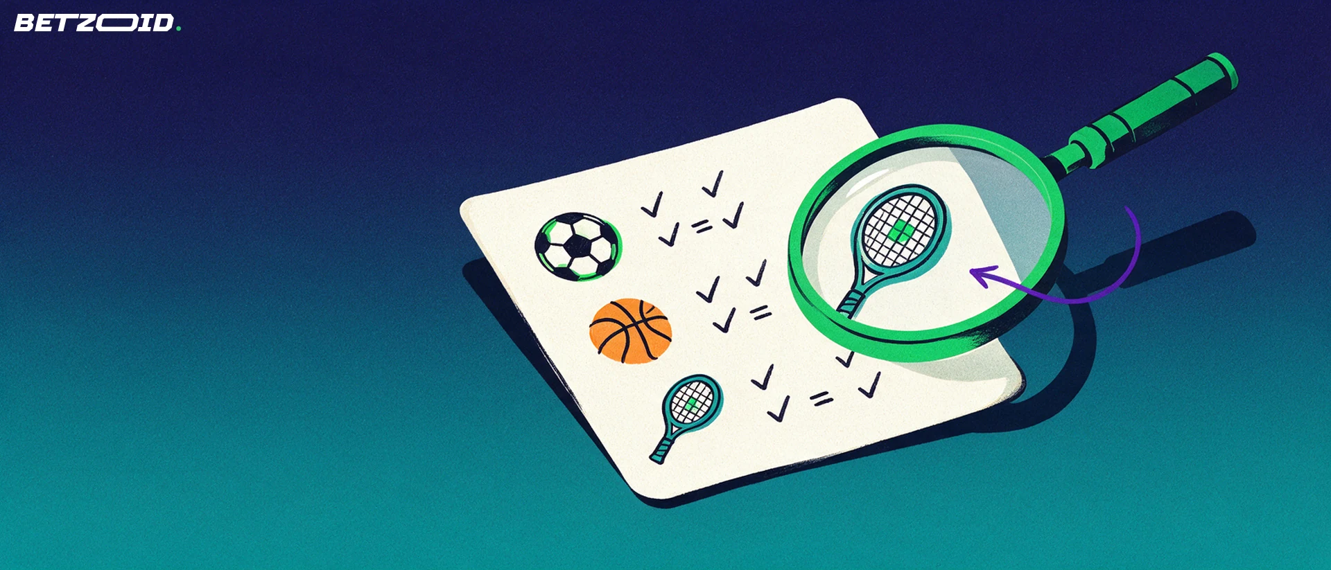 Ilustración de una lupa grande sobre un boletín de apuestas con iconos de fútbol, baloncesto y tenis y marcas de verificación.
