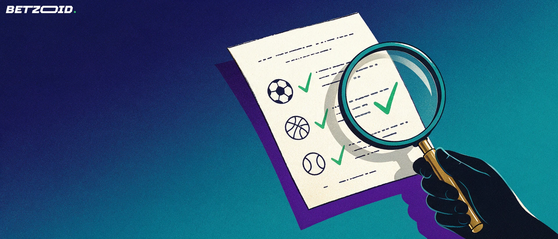 Ilustración de una lupa que examina un boleto de apuestas deportivas con iconos de futbol, basquetbol y tenis.