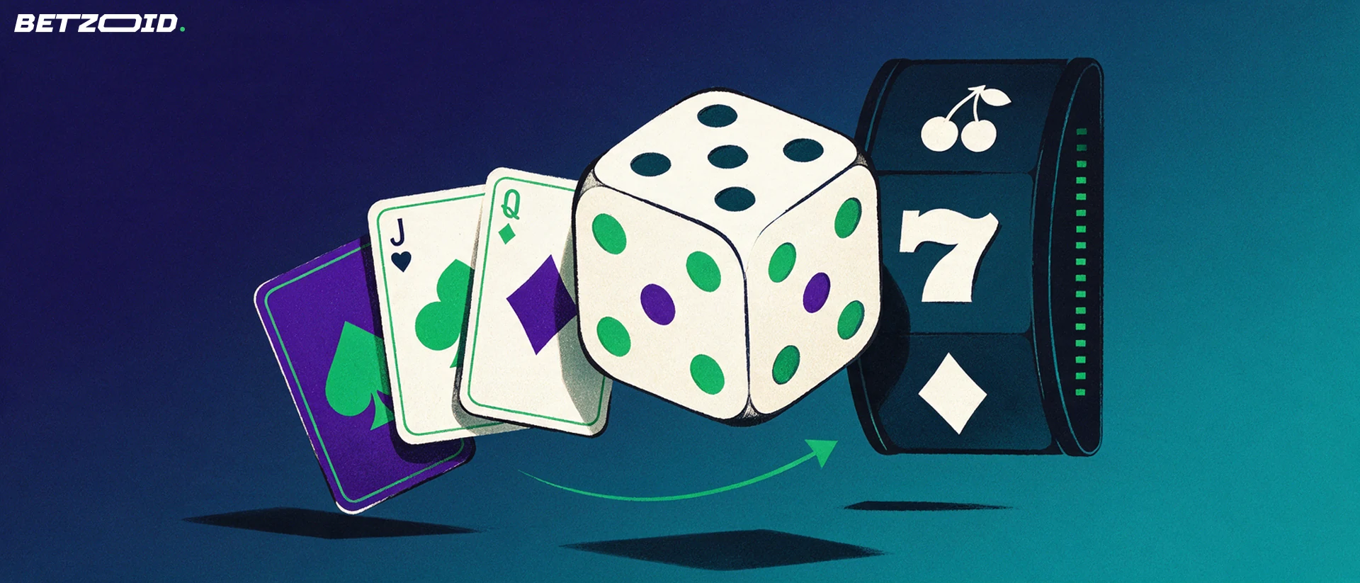 Ilustración de un dado grande, un tambor de tragamonedas y tres cartas de juego sobre fondo azul marino, unidos por una flecha verde.