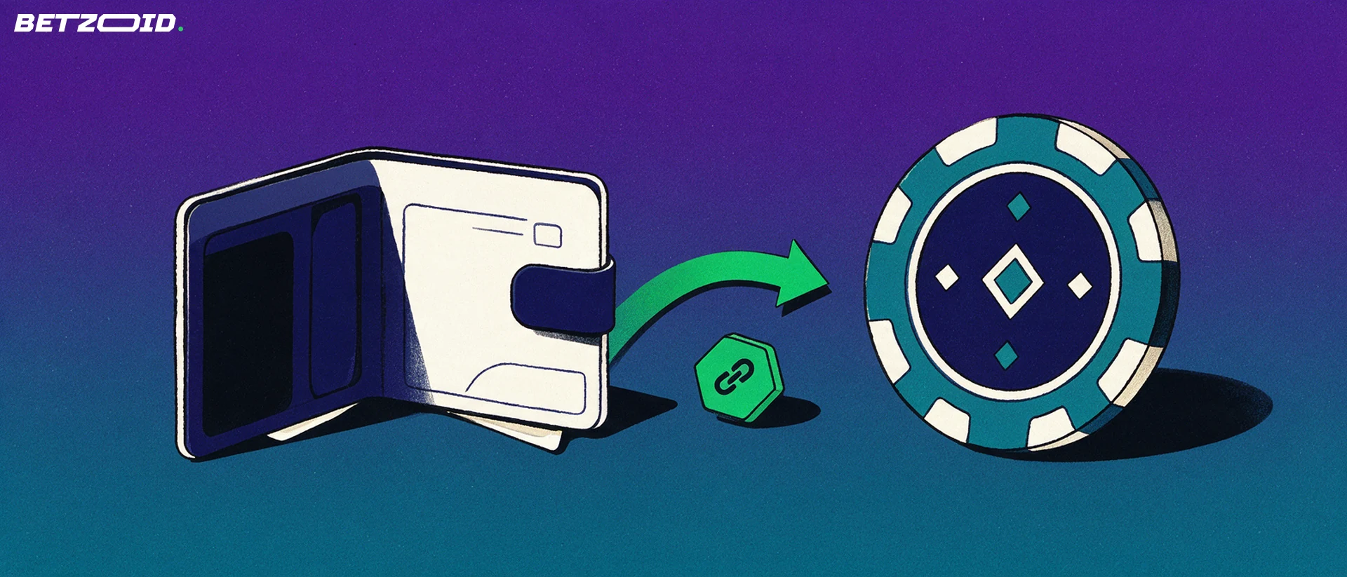 Ilustración de una cartera abierta con una flecha verde que lleva una ficha hexagonal hacia una ficha de casino, sobre fondo morado.