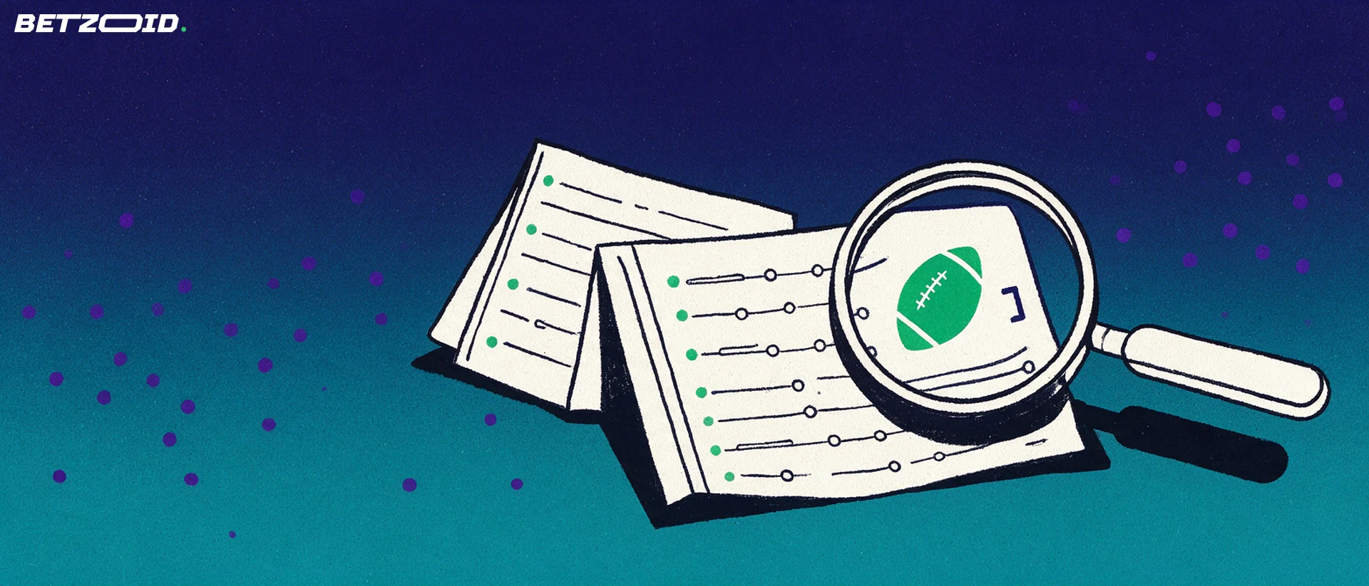 Ilustración de una lupa grande que examina un boleto de apuestas con marcas de verificación y el símbolo de un balón de fútbol.