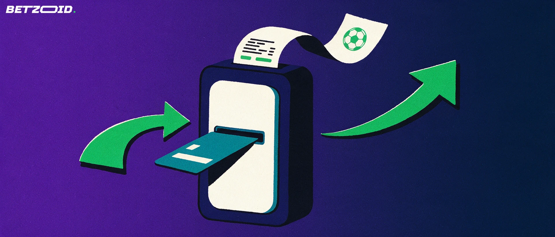Ilustración de una terminal de pago que recibe una tarjeta y expulsa un recibo de apuestas, con flechas de entrada y salida de dinero.