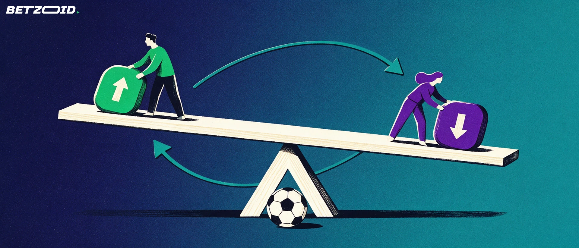 Ilustración de un balancín equilibrado con dos fichas opuestas, flechas curvas y dos personas adultas apostando en sentidos contrarios sobre un balón.