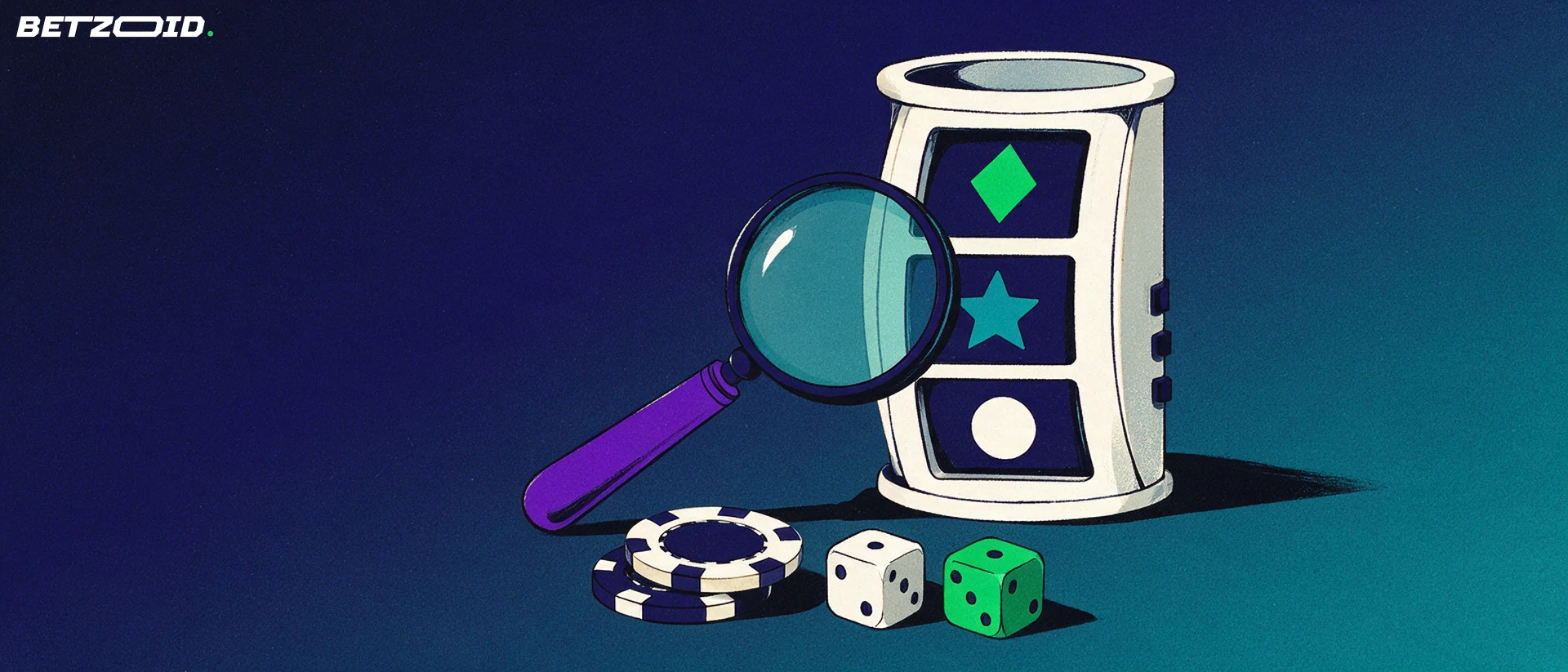 Ilustración de un tambor de tragamonedas con símbolos geométricos examinado con una lupa, junto a fichas de casino y dados.