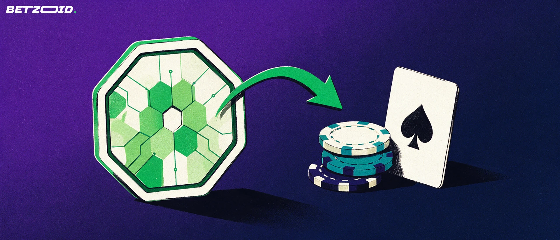 Ilustración de una ficha digital octogonal con una flecha que apunta hacia una pila de fichas de casino y una carta.