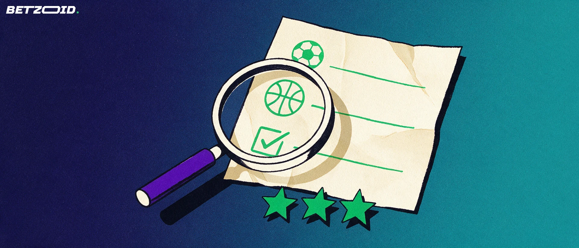 Ilustración de una lupa que examina un boleto de apuestas con iconos deportivos y tres estrellas de valoración.