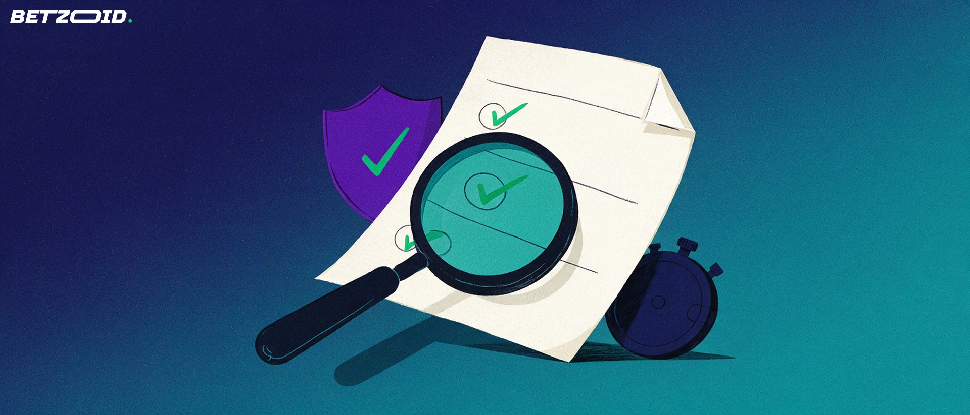 Ilustración de una lupa examinando un boleto de apuestas con marcas de verificación, junto a un escudo y un cronómetro.