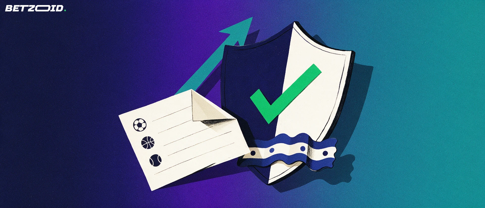 Ilustración de un escudo con marca de verificación junto a un boleto de apuestas con símbolos de fútbol, baloncesto y tenis.