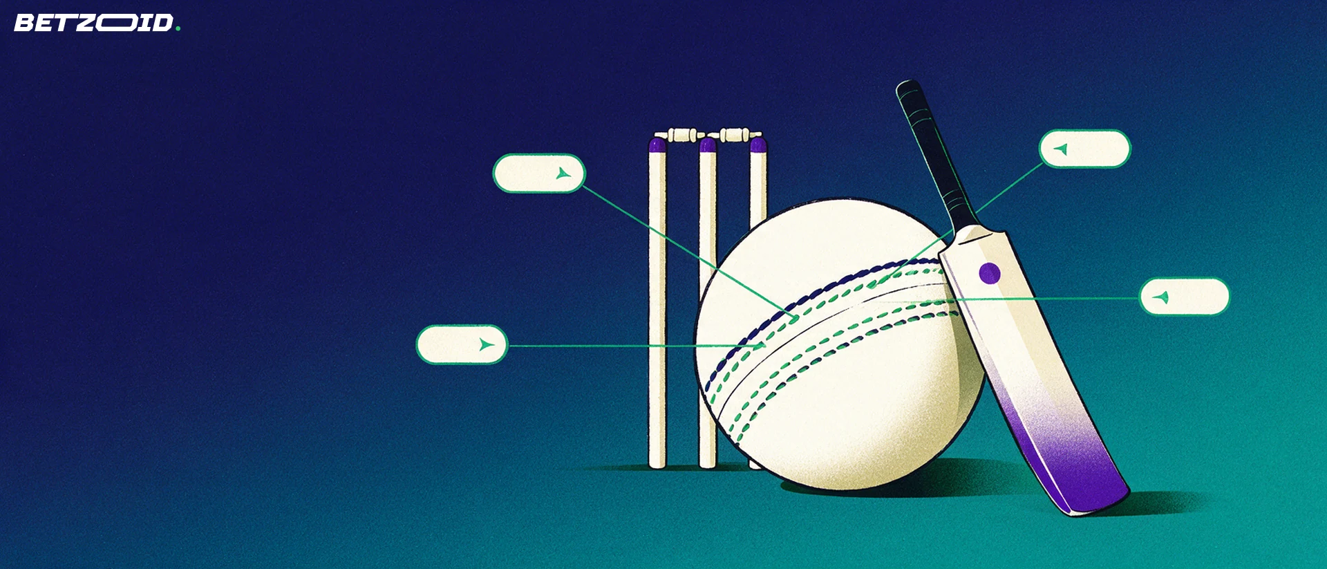 Illustration of a cricket ball, bat and wicket stumps with arrows fanning out to empty option panels