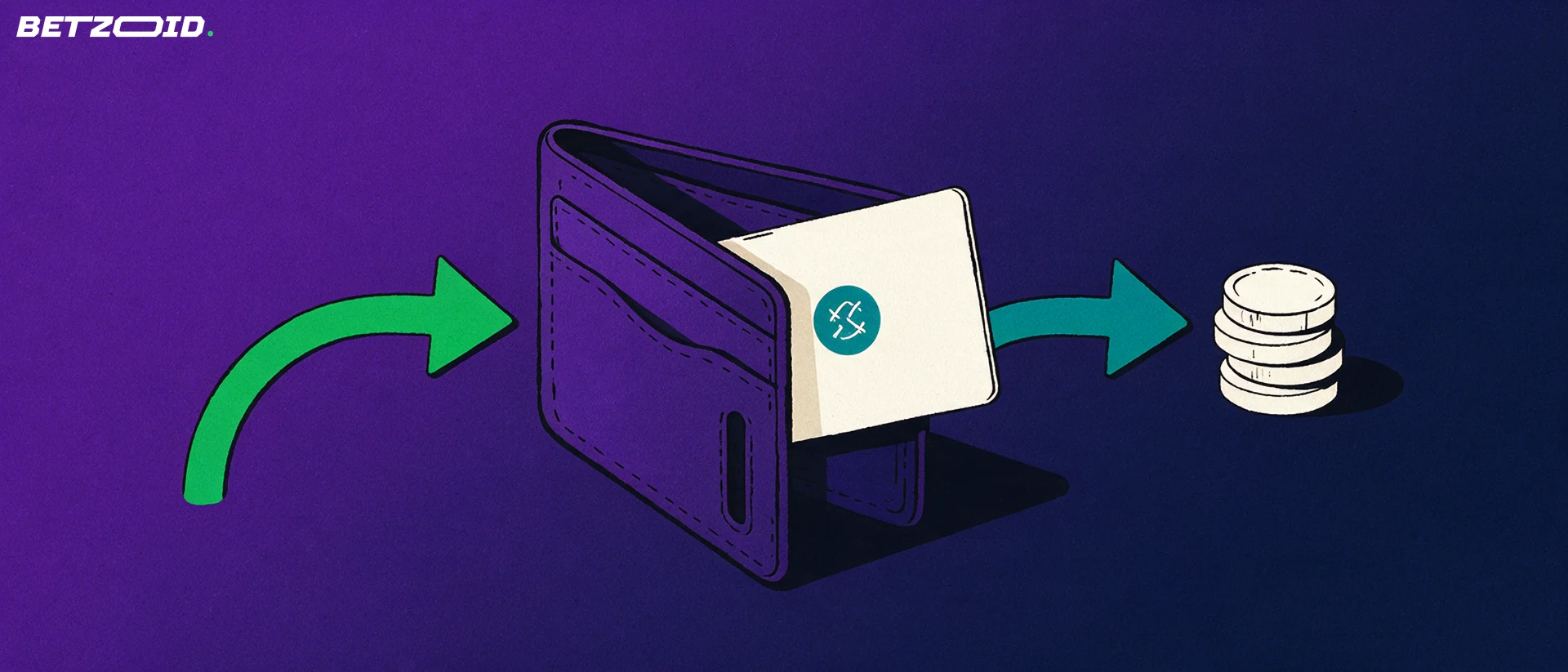 Illustration of an open wallet with a plain card marked by a cricket-ball symbol, with arrows showing money in and out