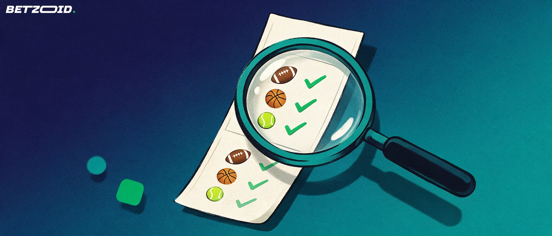 Ilustración de una gran lupa que examina un boleto de apuestas con símbolos de futbol, basquetbol y tenis y tres marcas de verificación verdes.