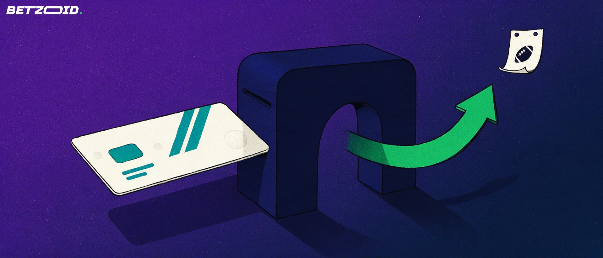 Ilustración de una tarjeta bancaria que entra en un mostrador de caja y de una flecha verde que sale hacia un boleto de apuestas con un balón de futbol.