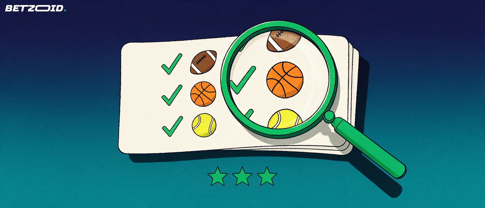 Ilustración de una lupa que examina un boleto de apuestas deportivas con iconos de fútbol, baloncesto y tenis marcados con palomitas.