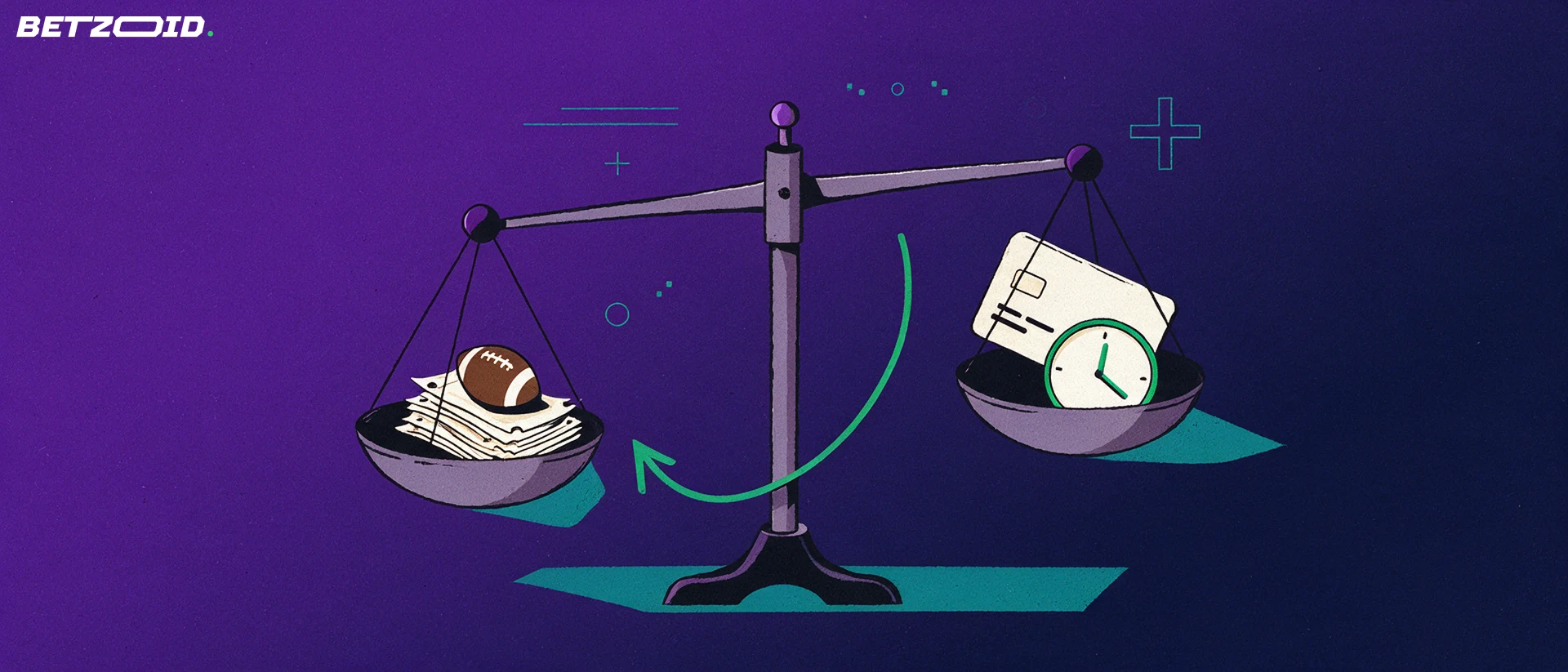 Ilustración de una balanza que compara un montón de boletos de apuestas con un balón de fútbol frente a una tarjeta bancaria y un reloj.
