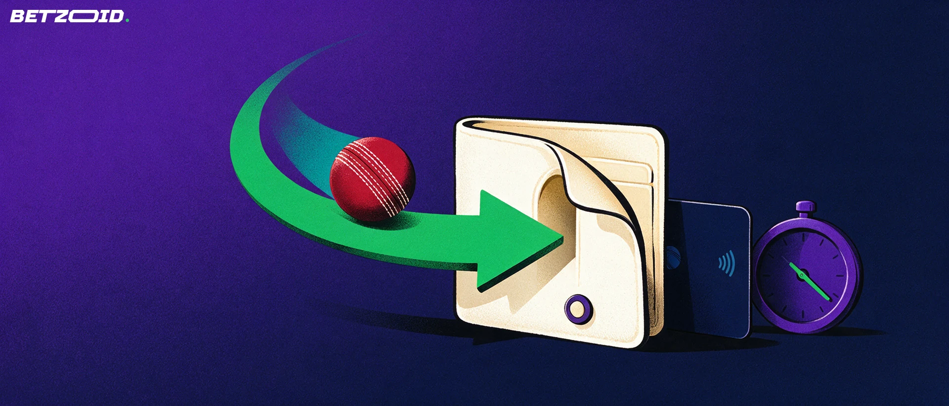 Illustration of a cricket ball rolling down a green arrow into an open wallet beside a plain card and a stopwatch.