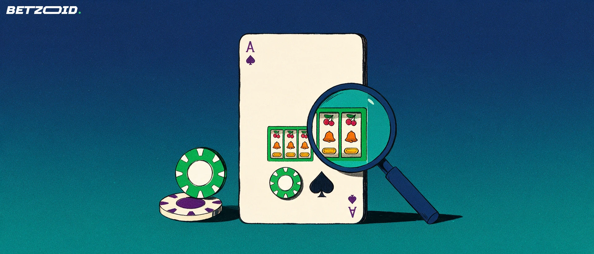 Ilustración de un panel con símbolos de casino, una lupa que amplía un carrete de tragamonedas y dos fichas apiladas.