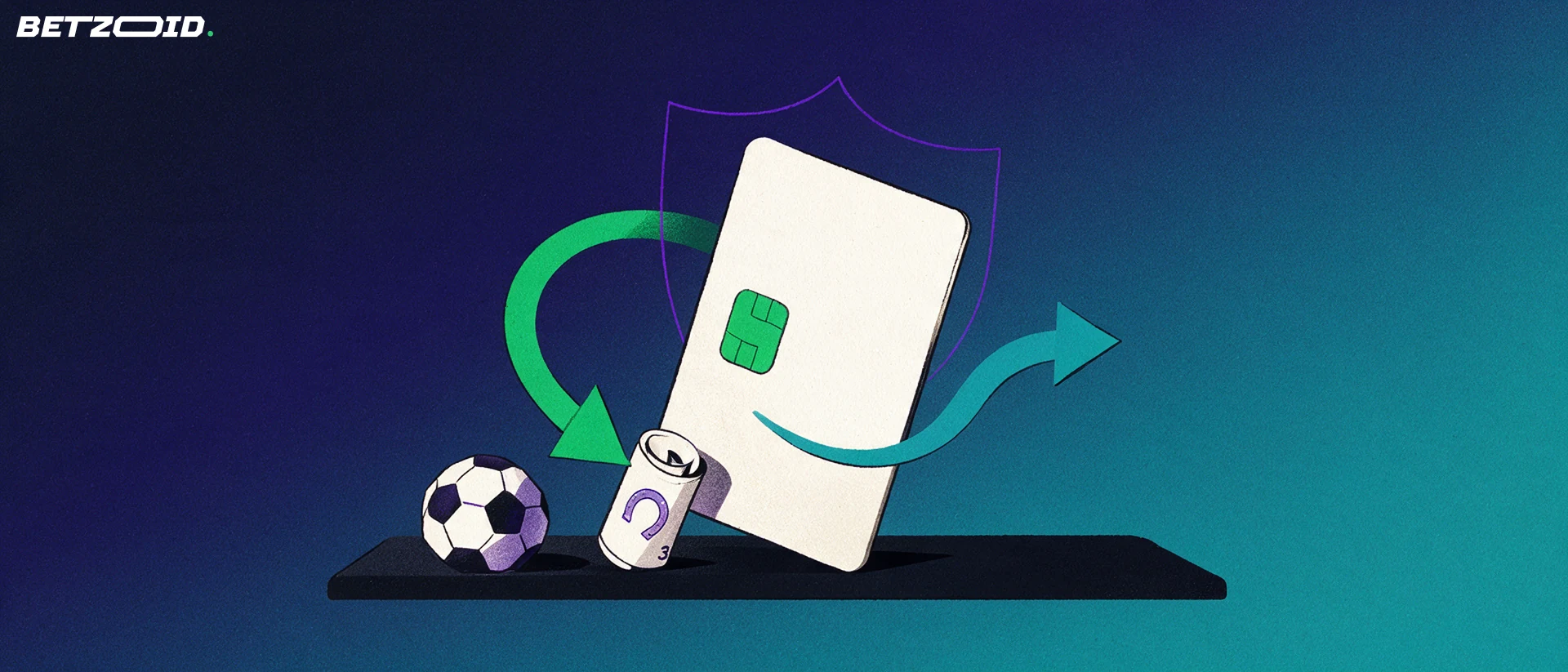 Illustration of a payment card with green and teal arrows looping into and out of a rolled betting ticket beside a football and a shield outline.