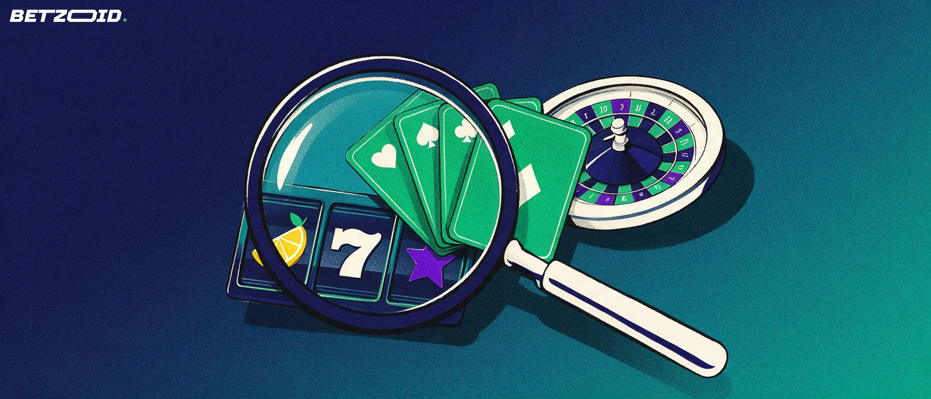 Illustration of a large magnifying glass examining a slot reel strip, a fan of playing cards and a roulette wheel