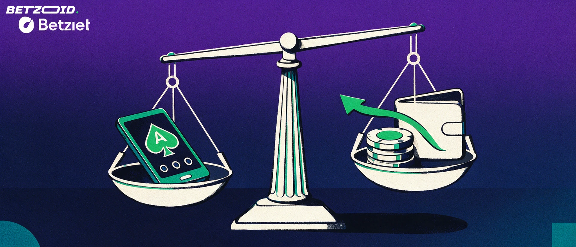 Illustration of a balance scale weighing a smartphone showing game symbols against casino chips and a wallet with an upward arrow