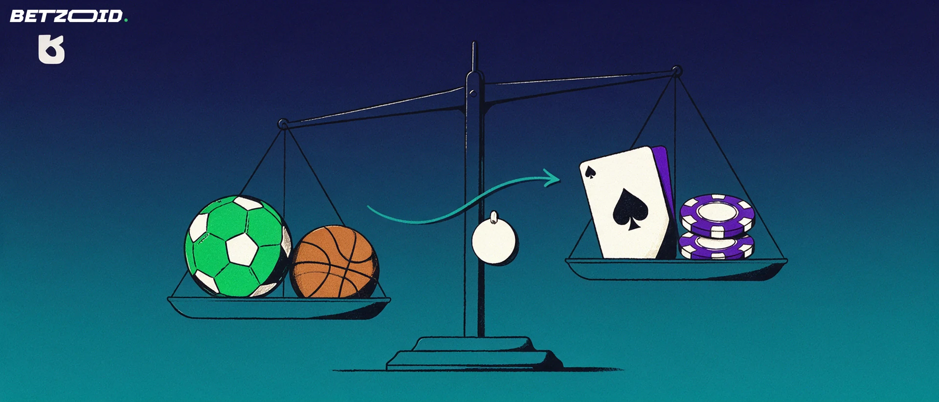 Ilustración de una balanza que compara un balón de fútbol y uno de baloncesto con fichas de casino y una carta.