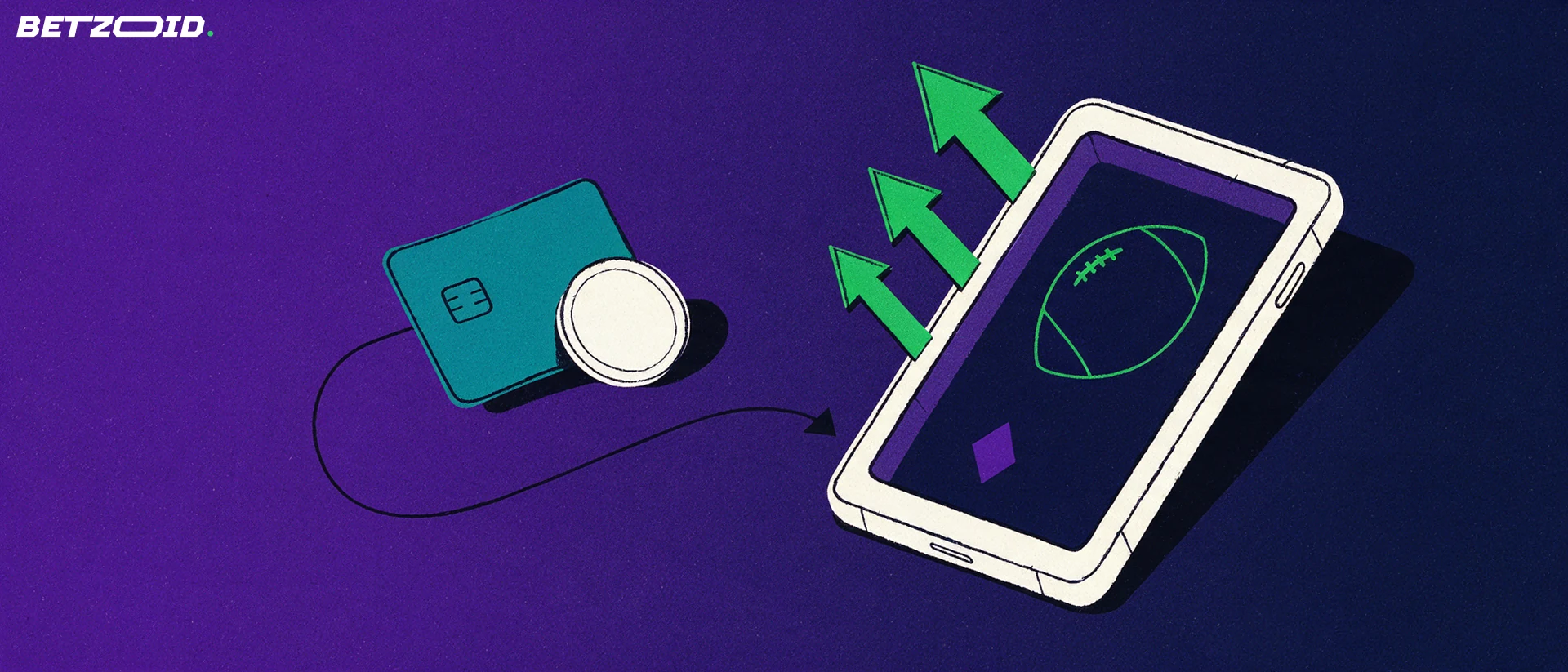 Ilustración de un teléfono inclinado con símbolos de deporte y casino conectado por flechas a una tarjeta de pago y una moneda.