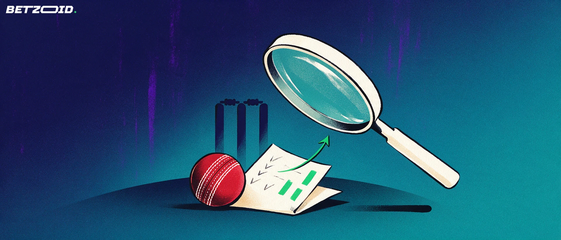 Illustration of a large magnifying glass examining a cricket ball and a folded betting slip in front of cricket stumps.