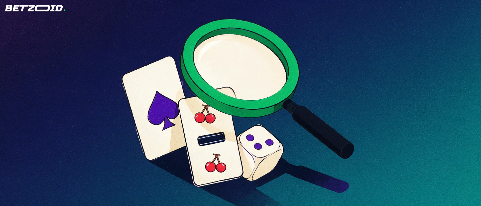 Ilustración de una lupa grande sobre tres fichas de juegos de casino: un rodillo de tragamonedas, una carta con una pica y un dado.