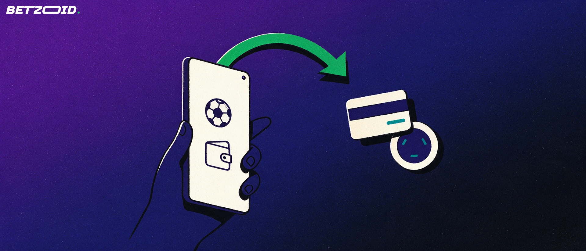 Ilustración de una mano que sostiene un teléfono con iconos de balón y cartera, con una flecha verde hacia una tarjeta bancaria y una moneda.
