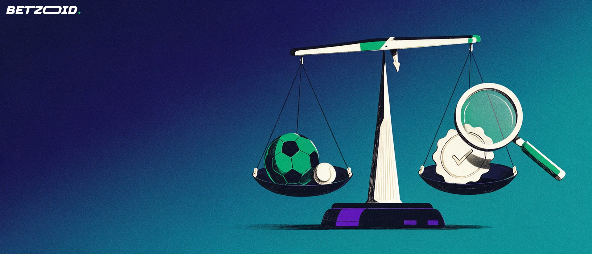 Ilustración de una balanza que compara un balón de fútbol y una pelota de tenis con un sello de aprobación, junto a una lupa.