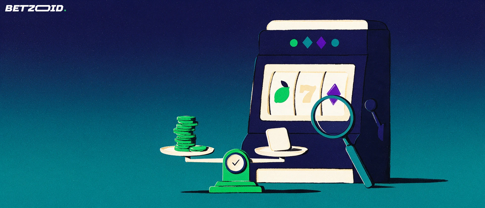 Ilustración de una máquina tragamonedas junto a una balanza con fichas y una lupa, símbolo de evaluación de un casino en línea.