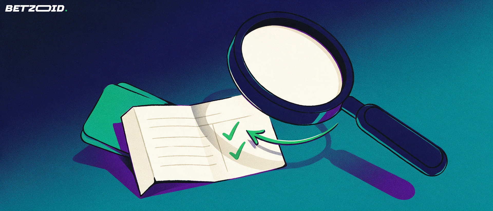Illustration of a large magnifying glass examining a blank betting slip marked with two green check symbols.