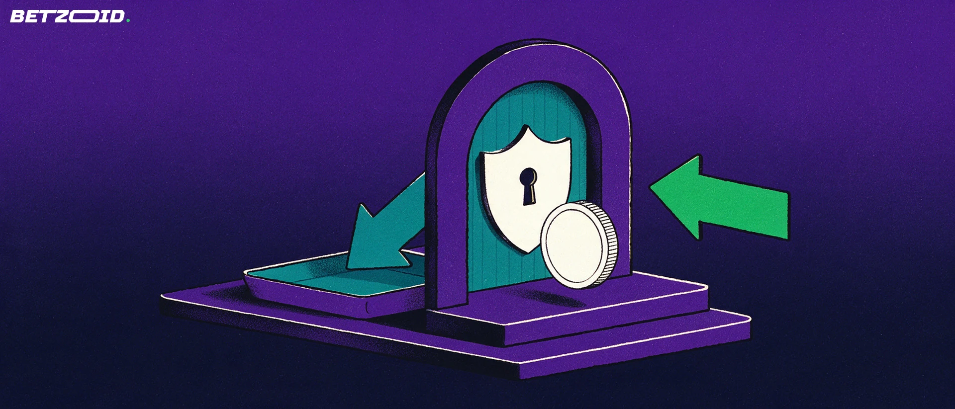 Illustration of a plain token passing through a shielded arch gateway with arrows showing deposits in and payouts out.