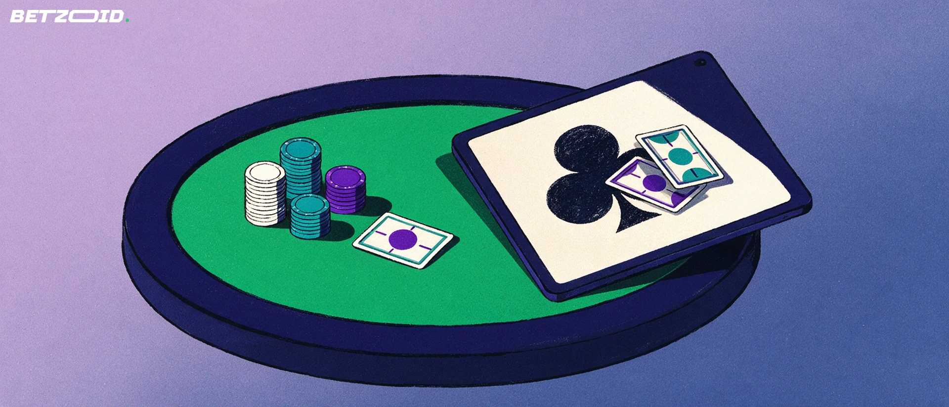 Ilustración de una mesa de póker vista en ángulo con cartas boca abajo, pilas de fichas y una tableta que muestra un símbolo de trébol.