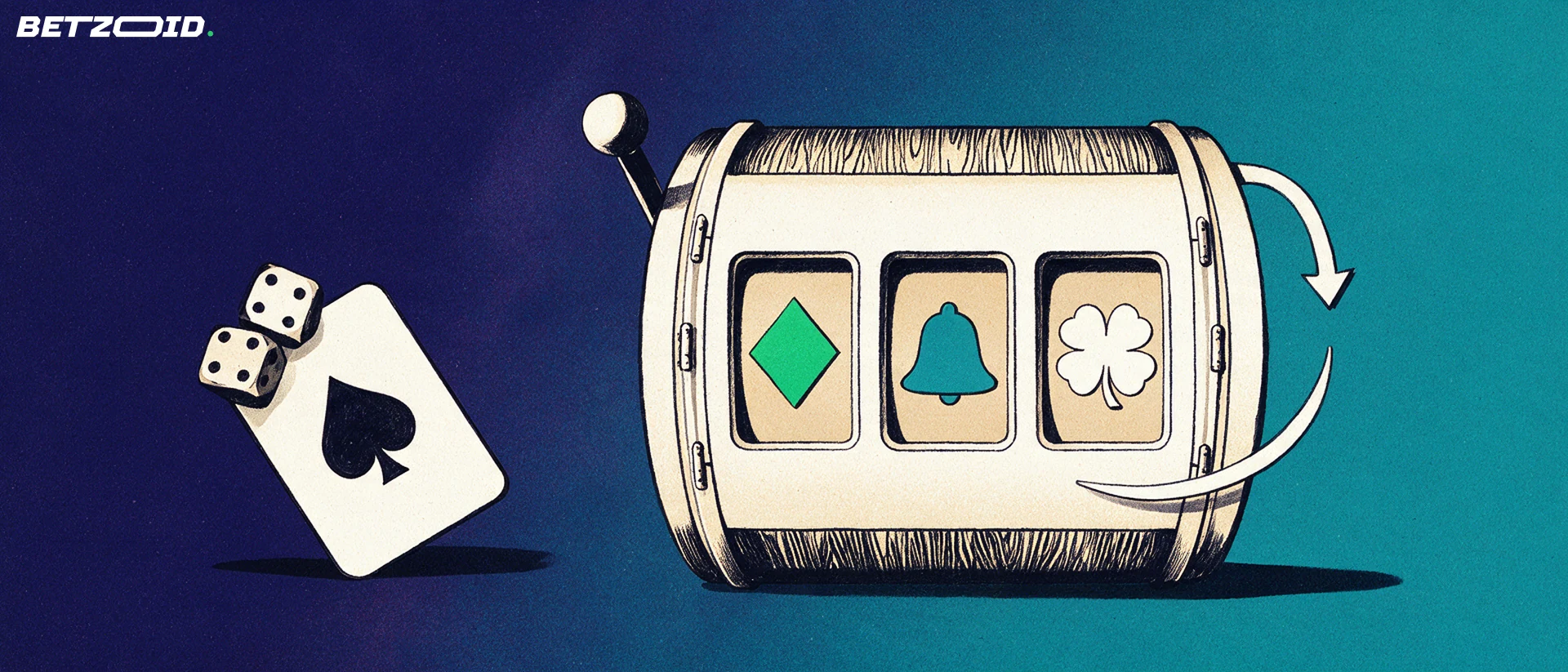 Ilustración de un tambor de tragamonedas con símbolos geométricos, una carta con una pica y dos dados sobre fondo azul marino y turquesa.