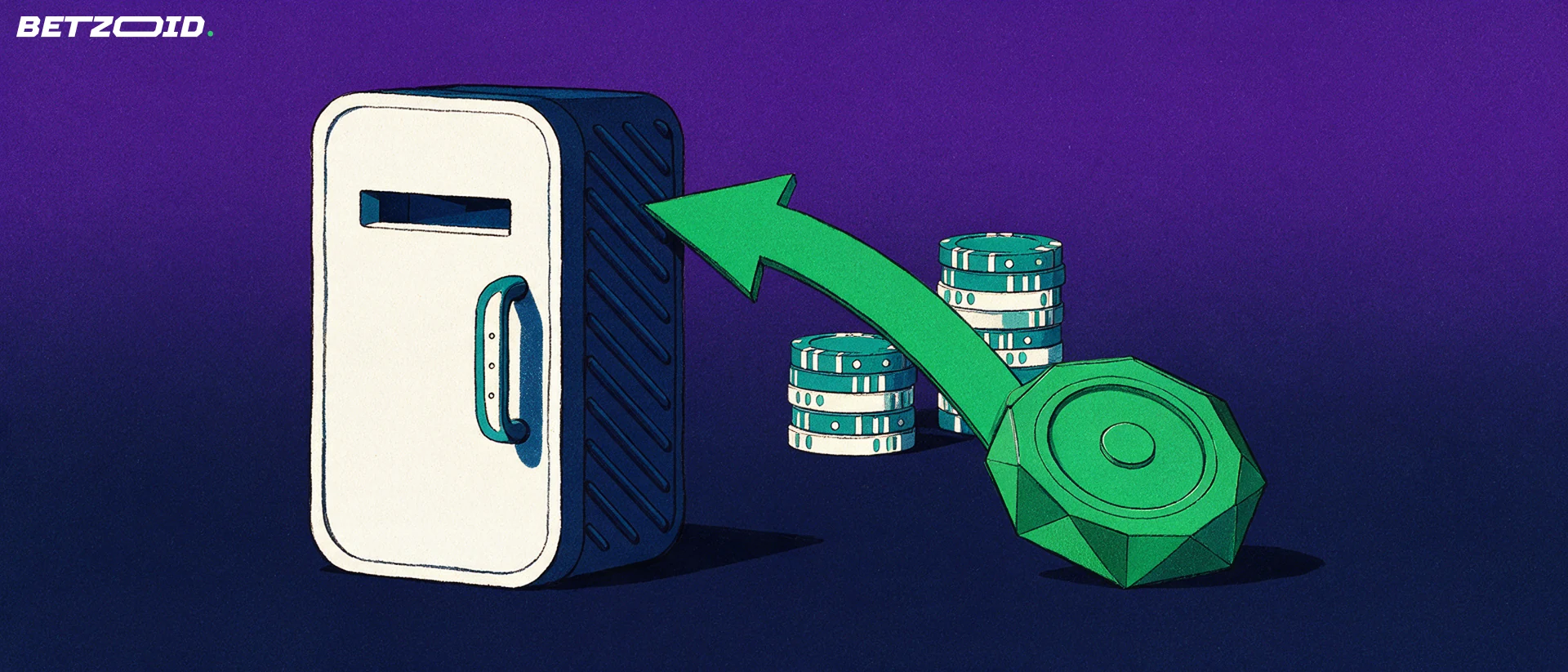 Ilustración de una caja de pagos con una flecha verde que introduce una ficha digital octagonal, junto a pilas de fichas de casino.